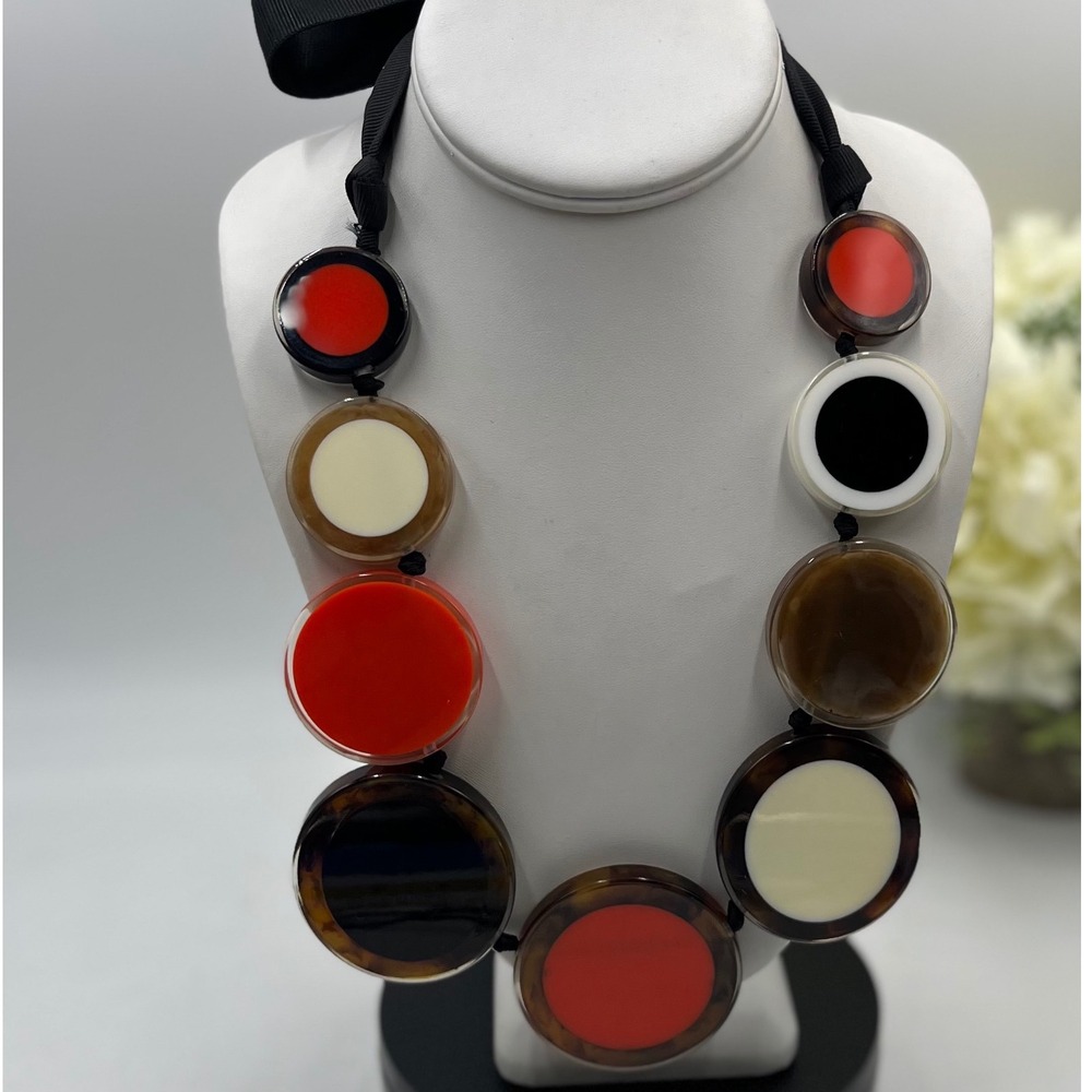 Kate Spade New York "Mod Money" Statement Round Lucite Disc Black Tie Necklace